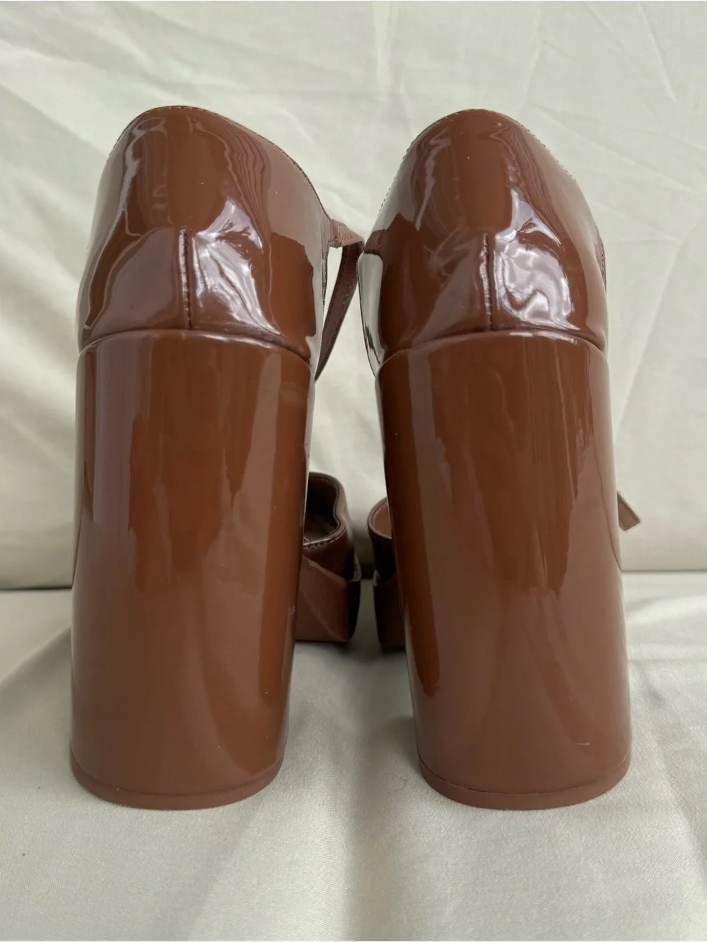 SheIn Women’s Brown Patent Platform Block Heel Pumps Ankle Strap Size 7.5
